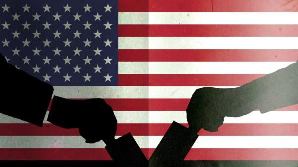 People casting ballots American flag